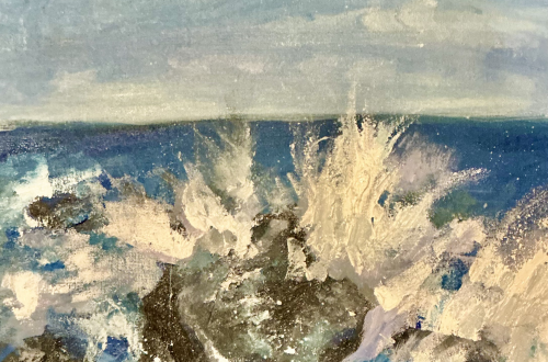 A painting of ocean water hitting a collection of rocks, painted by the writer of the blog